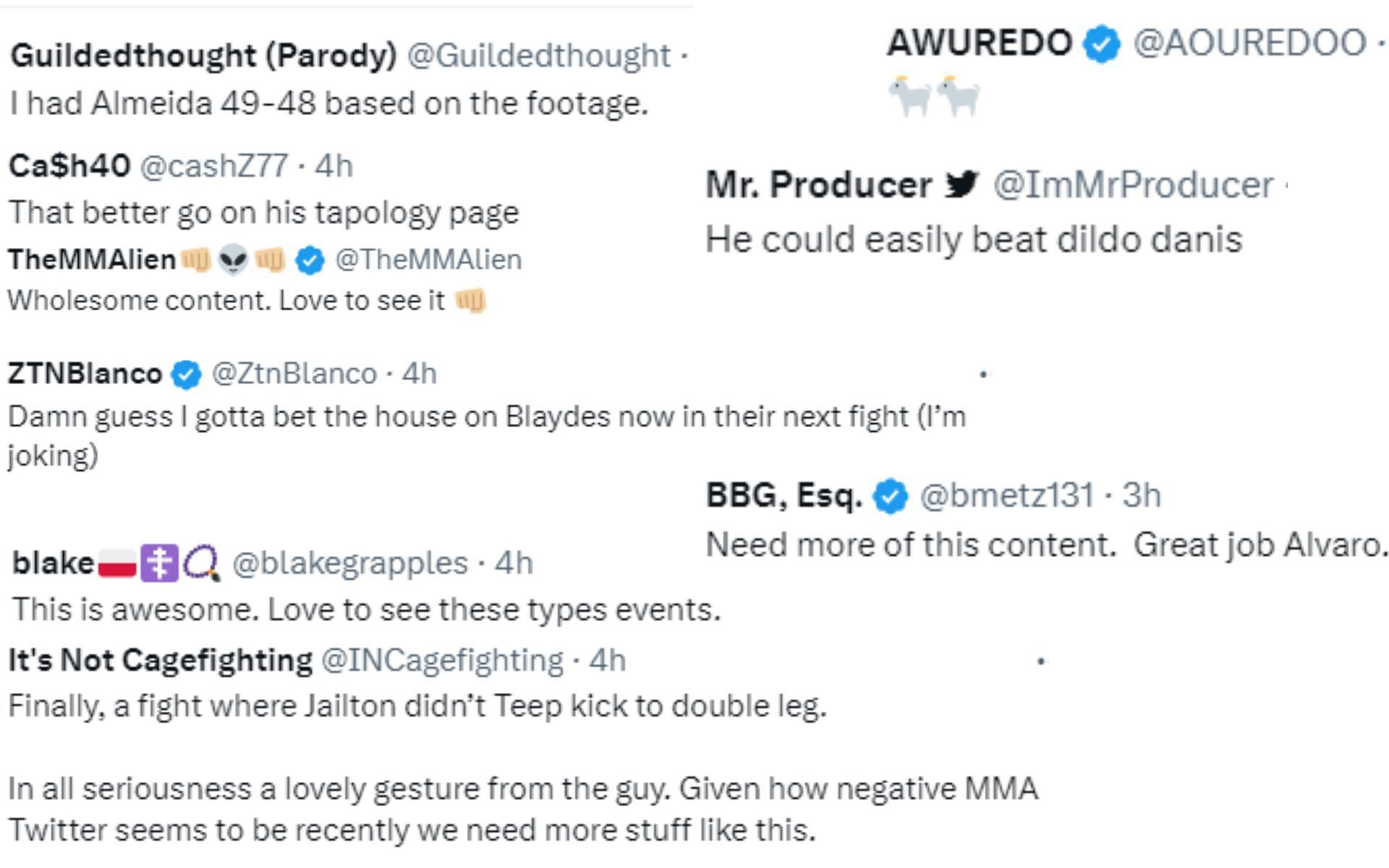 Screenshot of fan reactions to Jailton Almeida's MMA match with Alvaro Borges